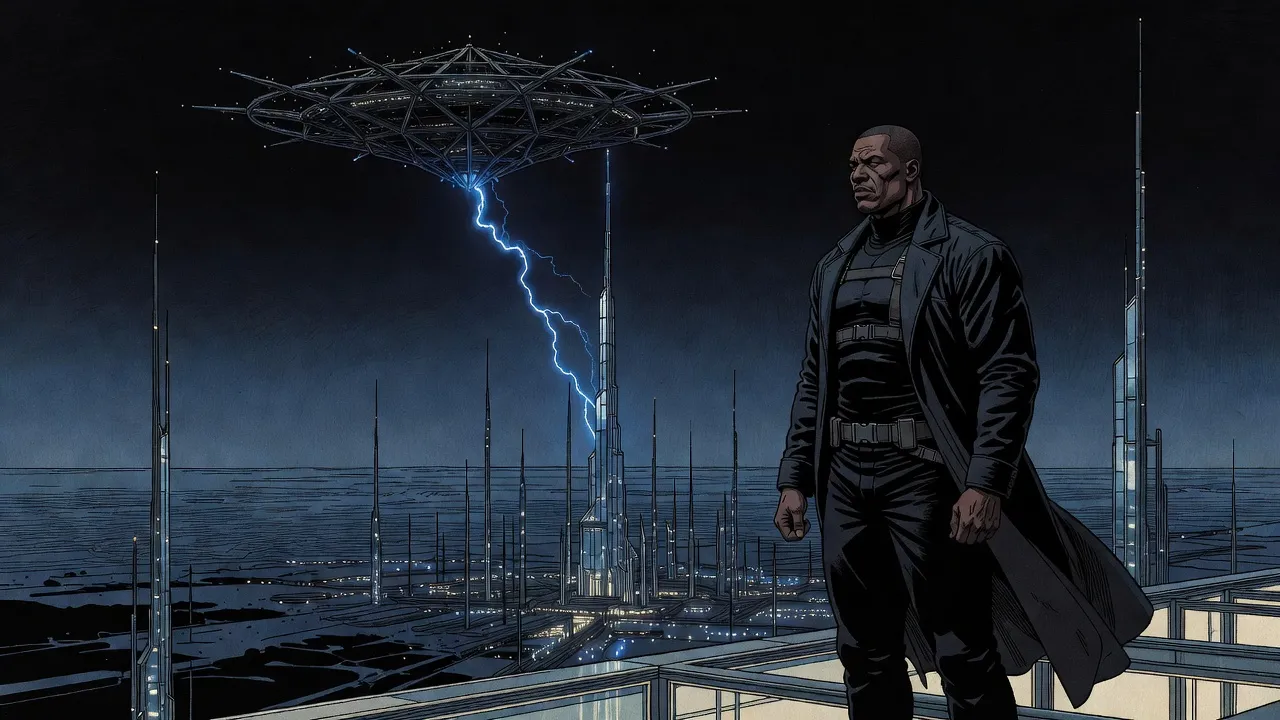 A tall, muscular man in a long dark coat stands on a rooftop at night above a city of needle-thin towers, as a forked bolt of blue fire crackles across the sky beneath a dark orbital platform.