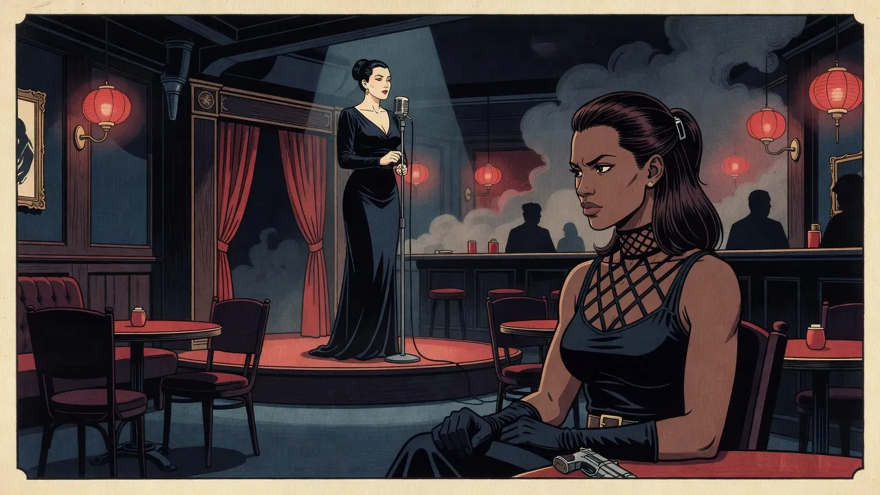 In a smoky nightclub hung with red-shaded lamps, a woman in a long dark gown sings at a microphone on a small stage while a woman in black straps and long gloves watches from a table, a pistol in her lap.