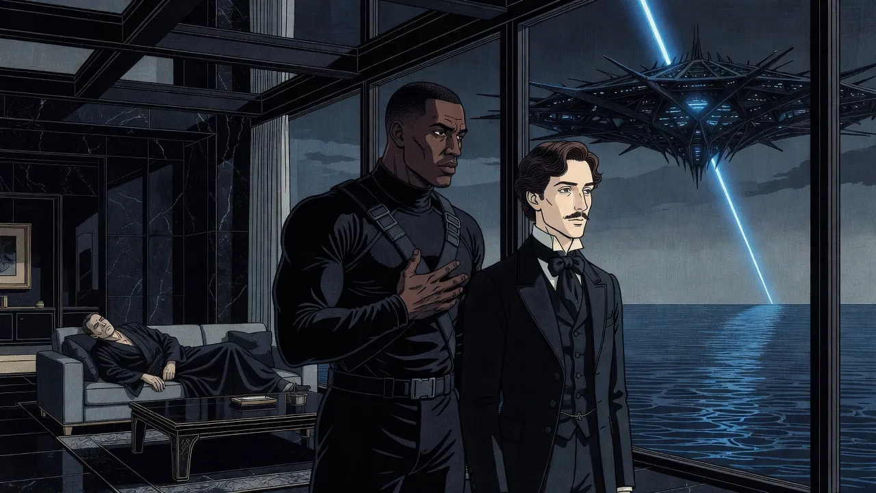 In a dark, high apartment a tall muscular man with one hand pressed to his chest and a pale man in a Victorian frock coat look out of a tall window at a dark orbital platform in the night sky, while a man lies still on a sofa behind them.