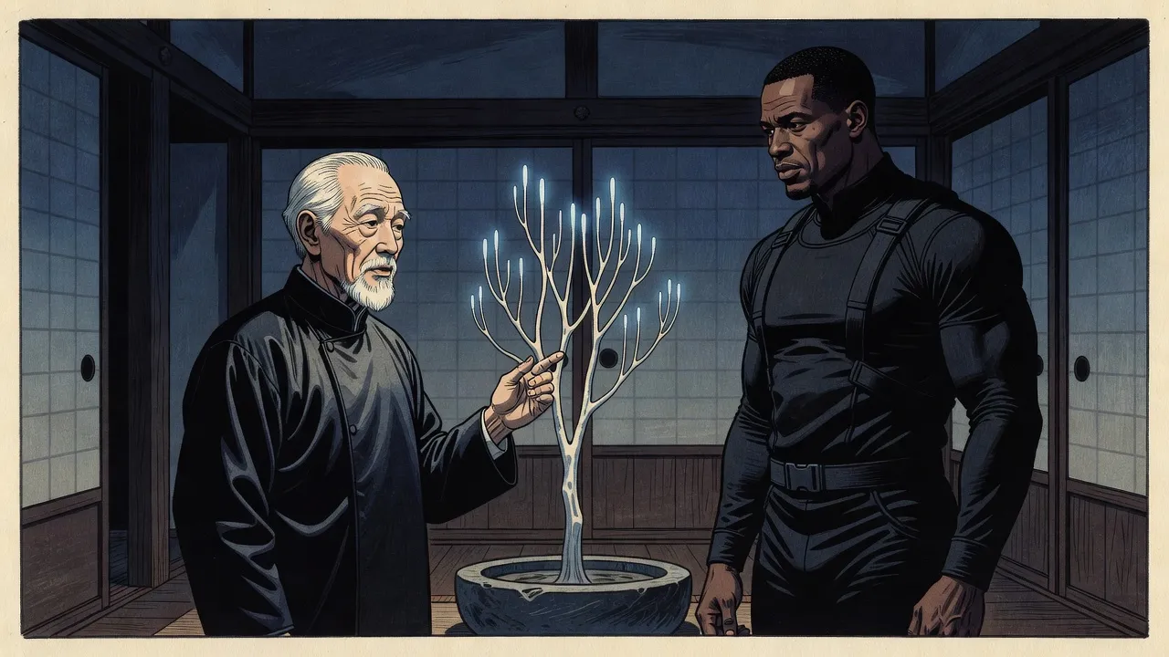 In a dim room of dark timber and paper screens, an old white-haired man touches the pale, upright branches of a strange slender tree while a tall, muscular man in black listens.