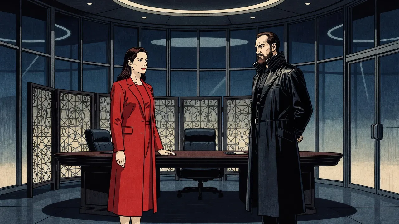 In a dark curved office under a white ring light, a woman in a crimson suit faces a bearded man in a high-collared black leather coat across a wide desk, a wall of softly glowing lattice screens behind her.