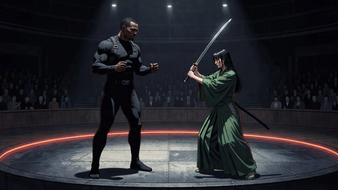 In a floodlit steel arena ringed by dark crowds, a muscular man in black squares up against a woman in layered green raising a katana.