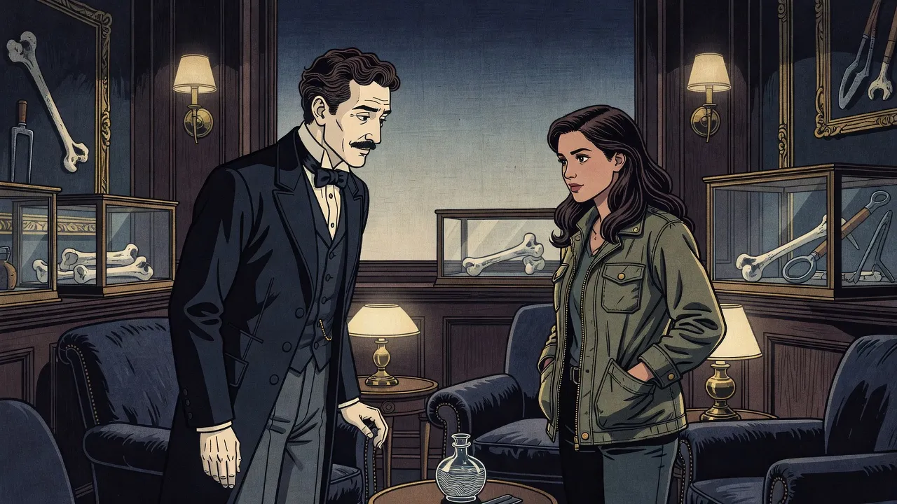 In a dim, lamplit club room of dark wood, a pale man in a Victorian frock coat and high collar gives a small bow to a woman in an olive field jacket with long wavy hair.
