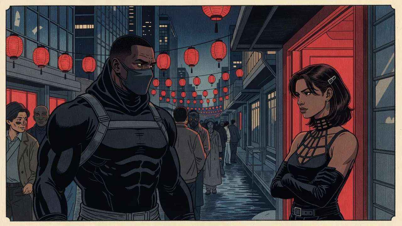 Through a festival street crowded with lanterns and masked revellers, a tall man in a black cowl and a dark face mask pushes toward a woman in black waiting in a red-lit club doorway.