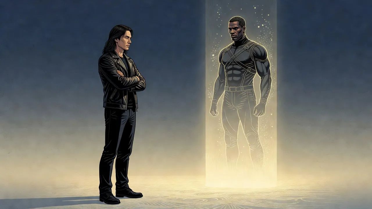 In a glowing golden haze a lean man with shoulder-length black hair in a black leather jacket stands with folded arms, studying a ghostly image of a tall, muscular man in black.