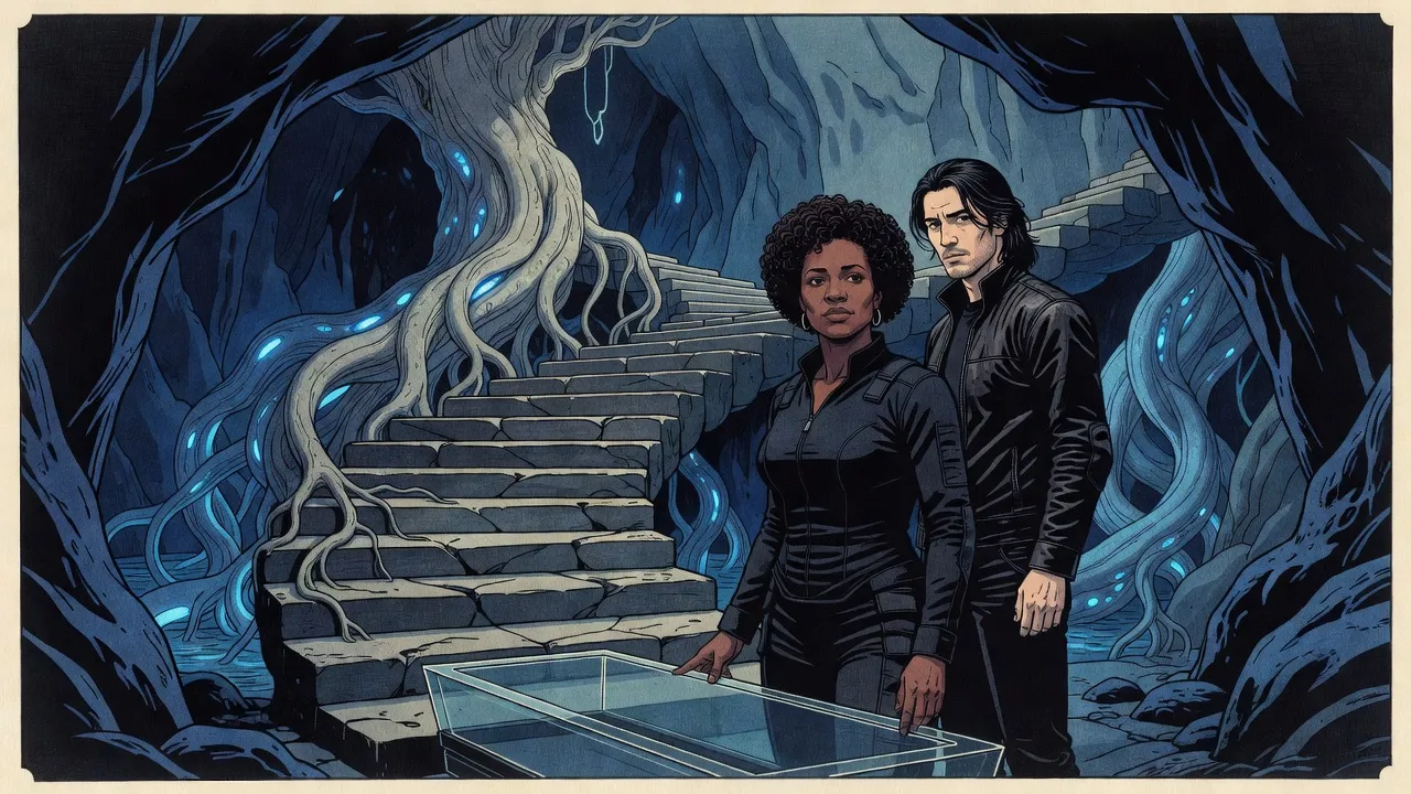 In a cavern of huge pale roots glowing blue, a woman with curly hair rests a hand on an empty glass coffin while a long-haired man in a black leather jacket stands just behind her at the foot of the stairs.