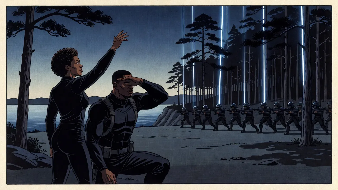At the edge of a pine forest at night, a woman with a crown of curly hair raises one arm to the sky beside a kneeling man in black shading his eyes, as straight beams of blue light stab down among the trees behind a line of helmeted soldiers advancing across a clearing.