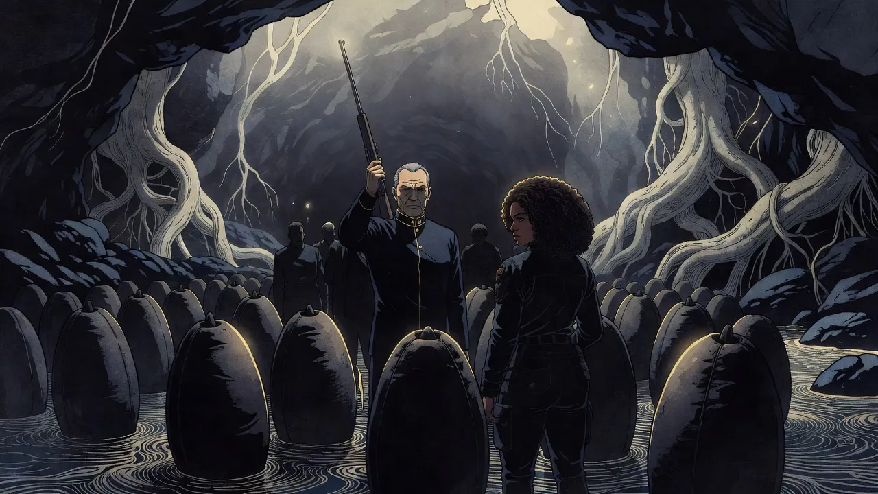 In a vast dark cavern threaded with pale roots, a grey-haired man in a navy high-collared tunic raises a rifle among rows of great dark pods, watched by a woman with curly hair in the foreground.