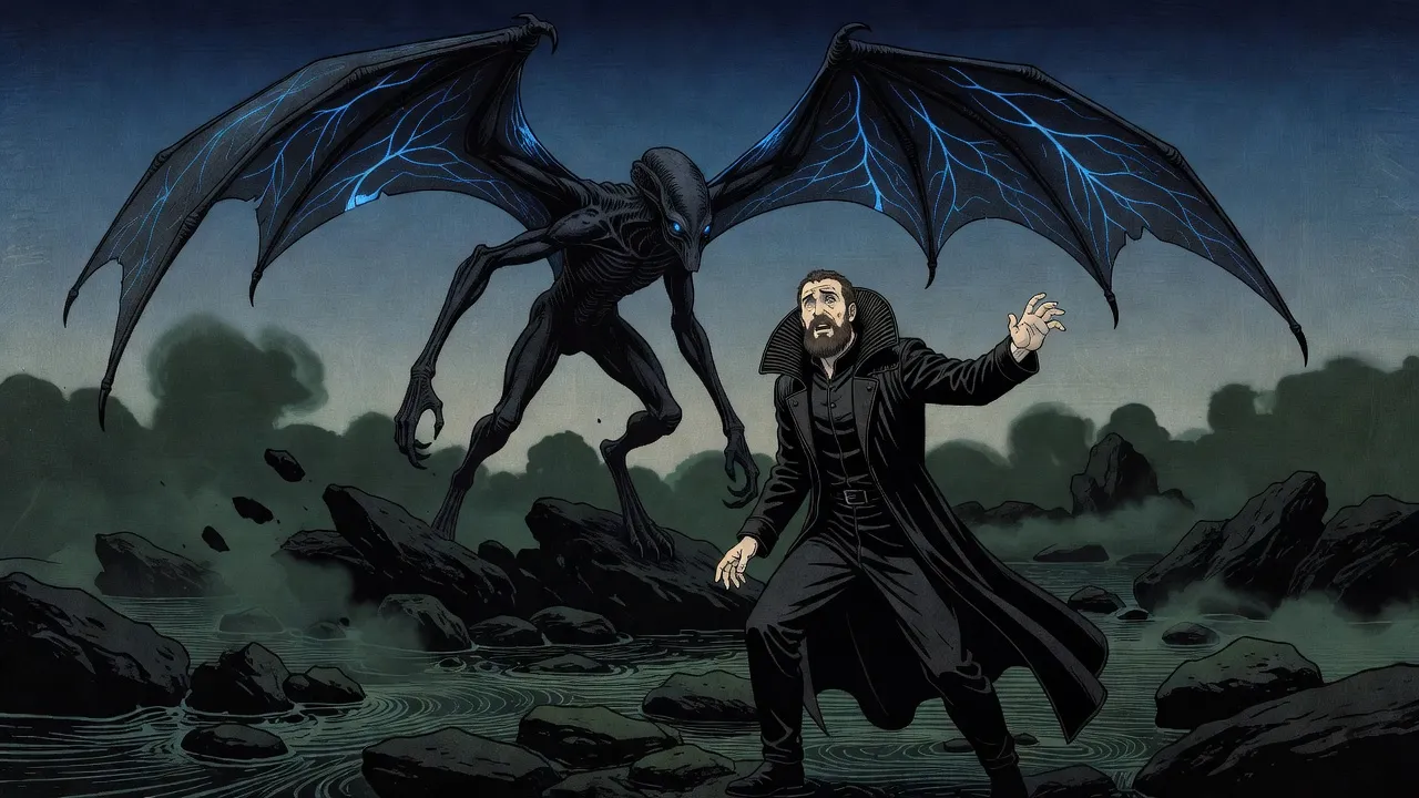 In a murky rocky darkness, an immense winged creature with veined wings spread wide rears over a bearded man in a black high-collared coat who stumbles back.