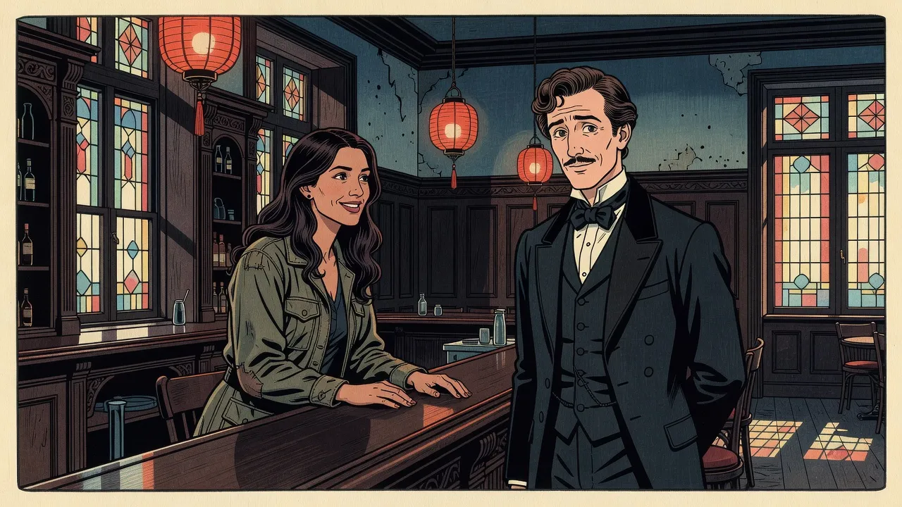 In a mended Victorian hotel bar with bright stained-glass windows, a woman with long wavy hair smiles from behind the bar at a pale man in a frock coat who looks around as if for the first time.
