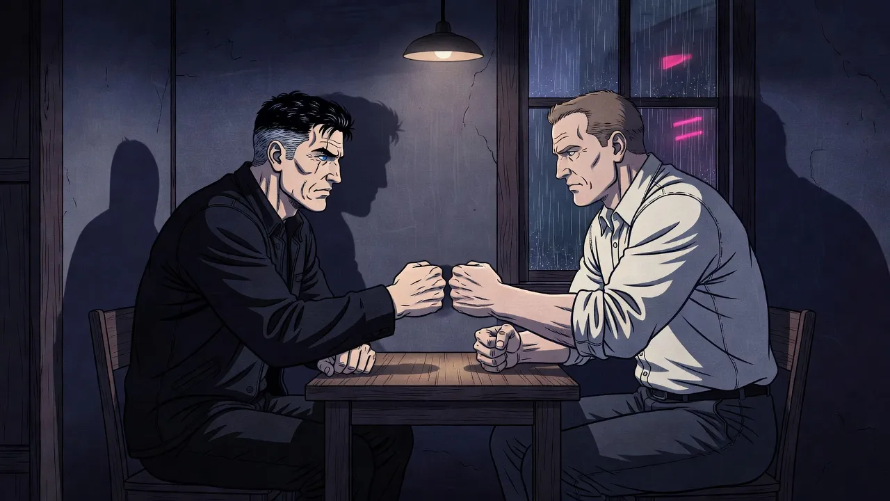 In a dim room lit by one hanging lamp, two different men sit across a small table, each holding out a closed fist: one lean and grey-haired in a dark jacket, the other broad and light-haired in a white shirt.