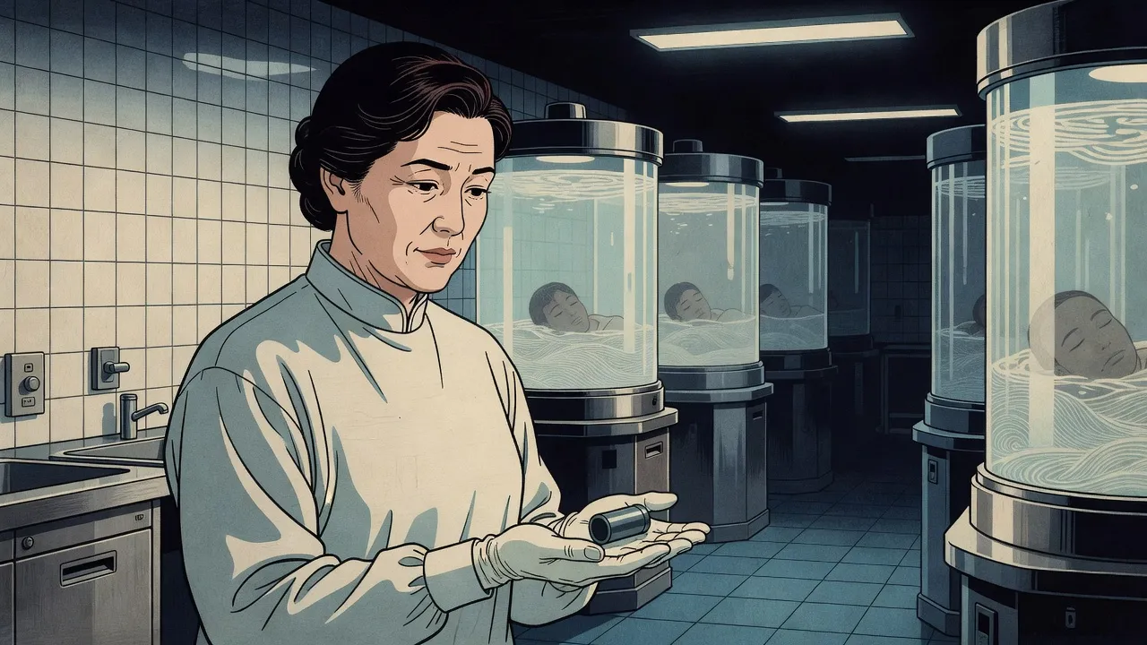 A clinic technician in a pale smock looks down at a small dark metal cylinder lying on her open gloved palm, a row of tall glass tanks with dim sleeping figures behind her.