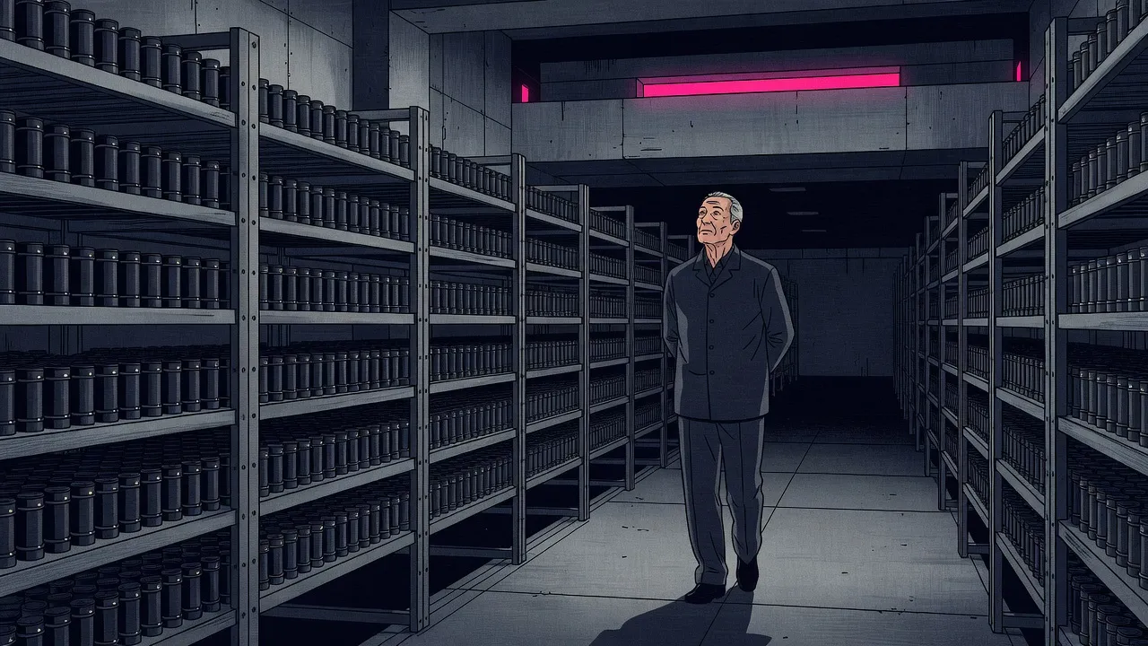 A uniformed attendant walks between towering steel racks holding thousands of small dark cylinders in a vast, dim concrete hall, a magenta glow from a high window at the far end.