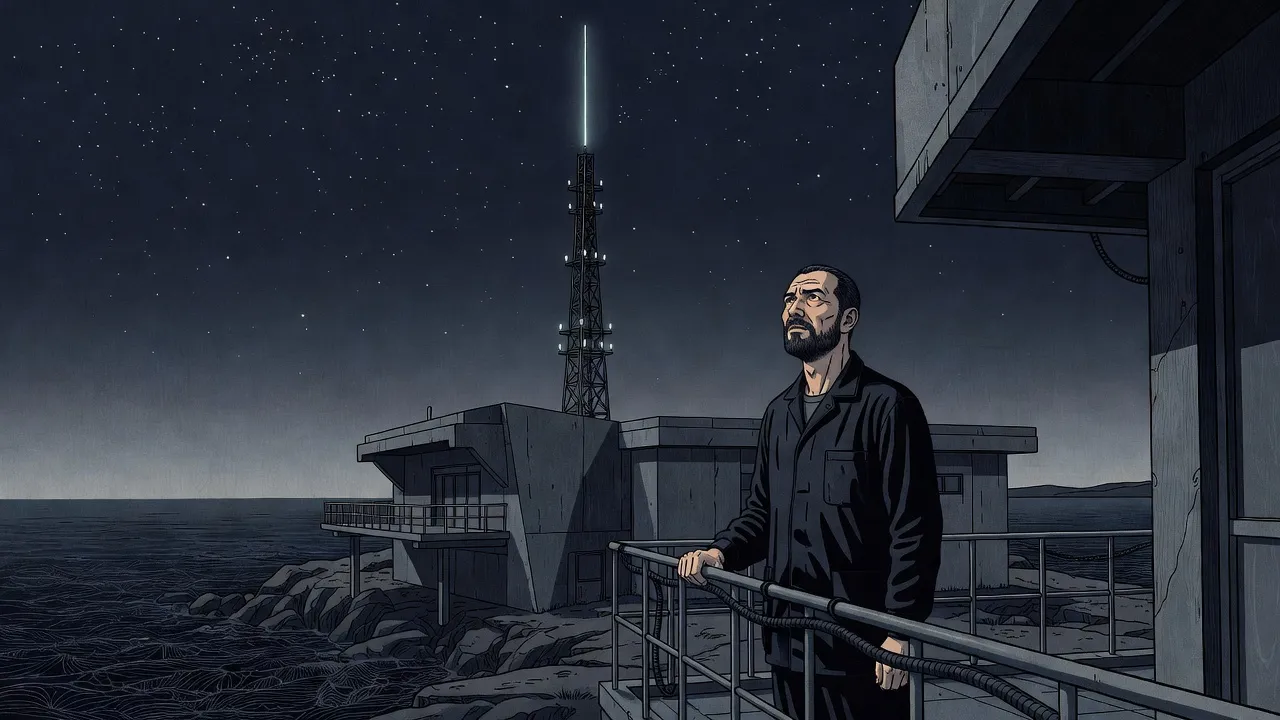 On a steel gallery at night a bearded technician watches a thin needle of pale light rise from the tip of a tall transmitter mast into a sky full of stars.