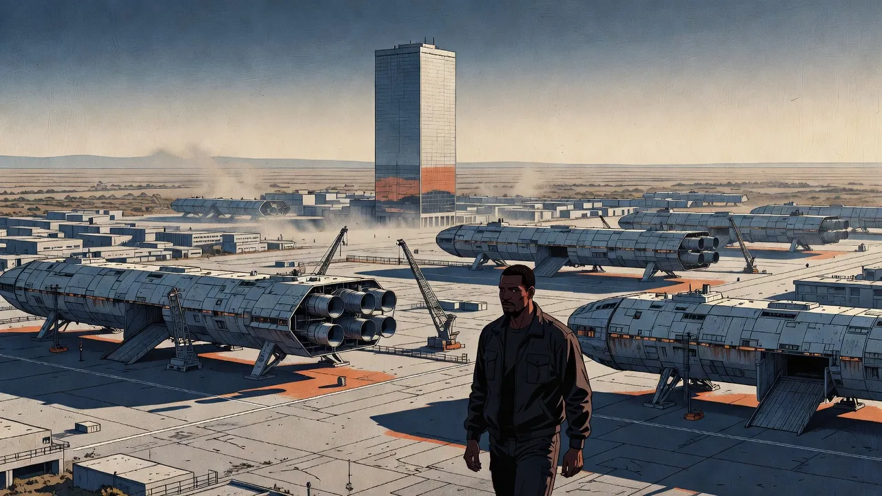 A tall man in a dark jacket walks across a dusty landing field among colossal grounded colony starships on splayed landing legs, a tall glass tower rising behind them in the late sun.