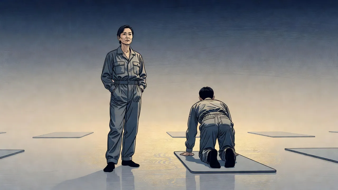 In a bare, gold-lit hall that fades into haze, a hard-eyed woman in grey coveralls with her hands in her pockets watches a recruit push himself up off a mat.