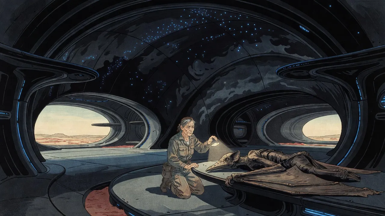 A woman in dusty coveralls kneels with a lamp beside the folded, leathery body of a huge winged creature in a dark alien vault, faint blue points of light like stars glowing in the curved wall above.