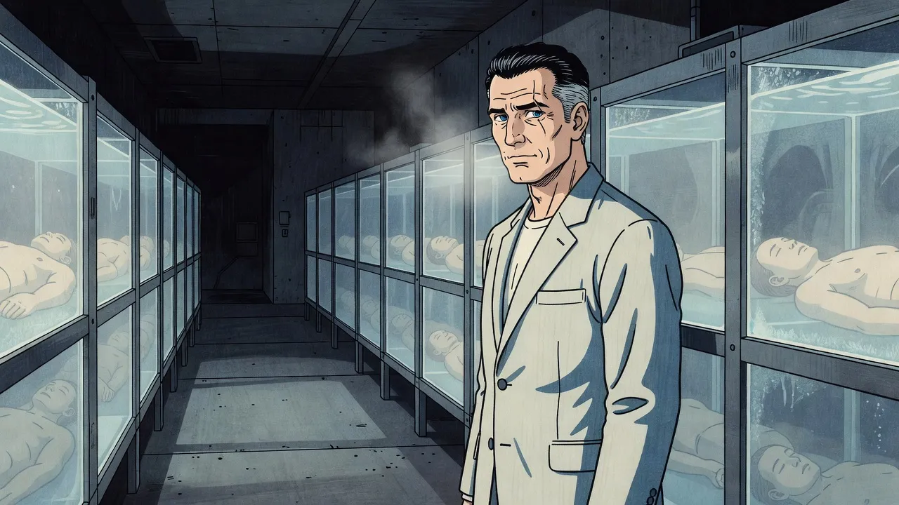 A lean man with grey-shot black hair, in a pale suit, stands in a cold, dim vault between rows of tall frosted tanks, each holding a faint sleeping shape.