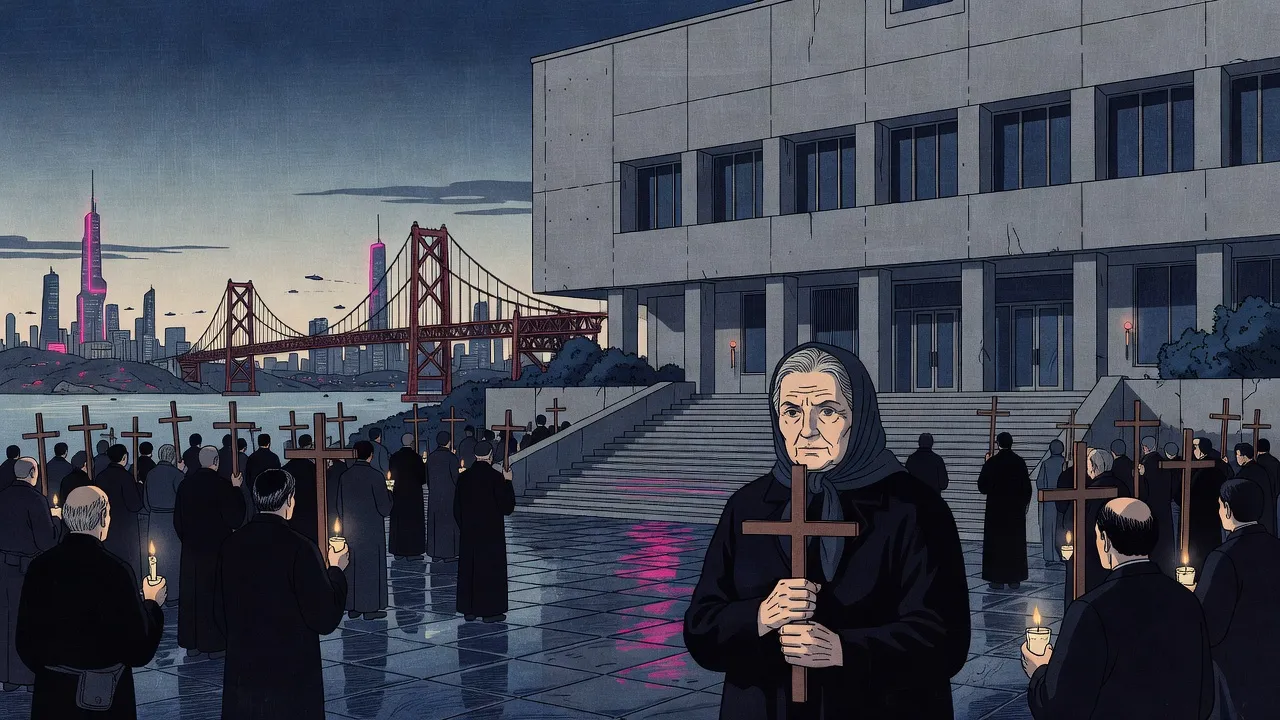 At dusk before the broad steps of a grey concrete civic building, protesters hold plain wooden crosses and candles, a grey-haired woman in a dark headscarf in front and the rust-red bridge beyond.
