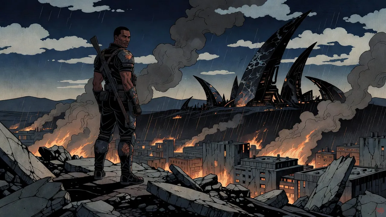 A tall soldier in battered dark armour looks back over his shoulder at a city burning at night, the black, curving shapes of ancient alien ruins on the far ridge.