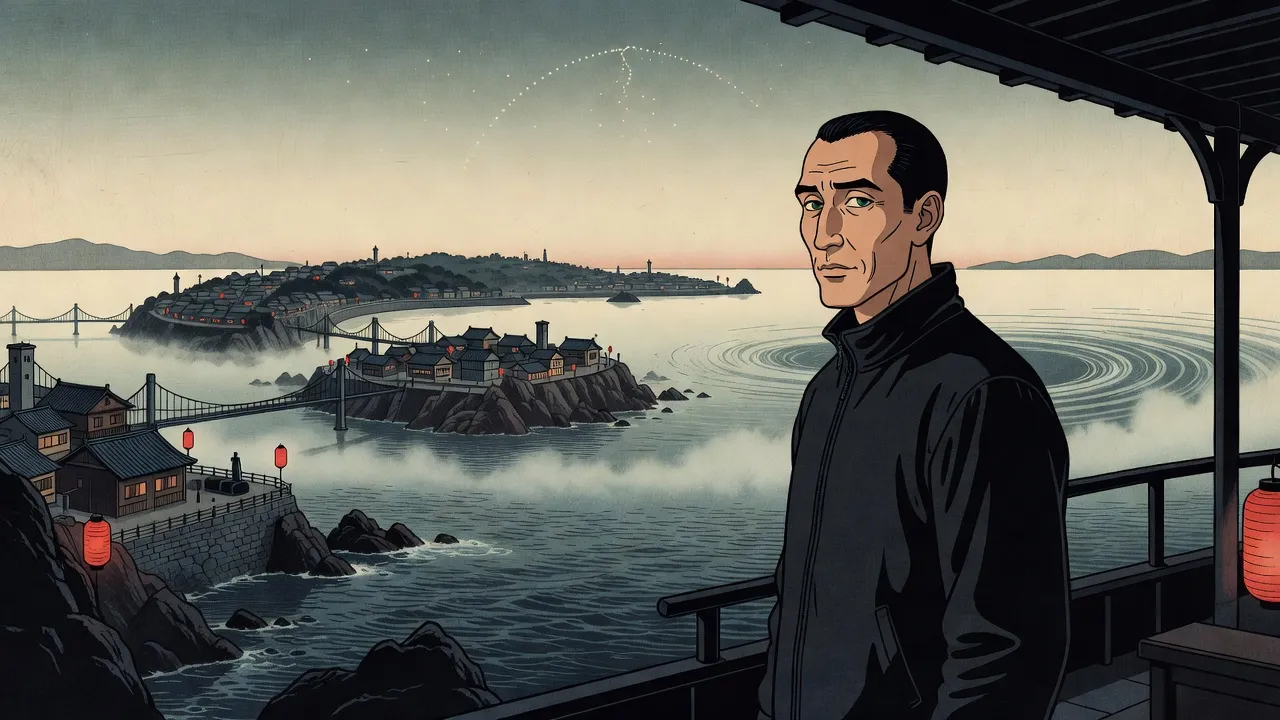 A man in a dark zipped jacket stands at the rail of a covered deck above a grey-green strait, behind him a town of tiled roofs on rocky islands joined by cable bridges, a whirlpool turning in the mist and a faint dotted arc high in the sky.