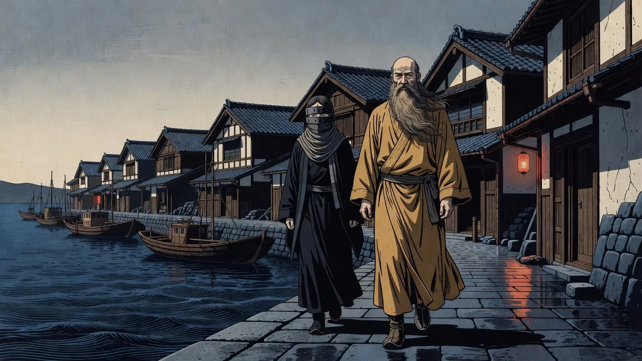 A bearded, shaven-headed priest in long ochre robes walks a wet stone quay, followed by a woman whose face is hidden behind a mask of grey cloth and dark metal bands.