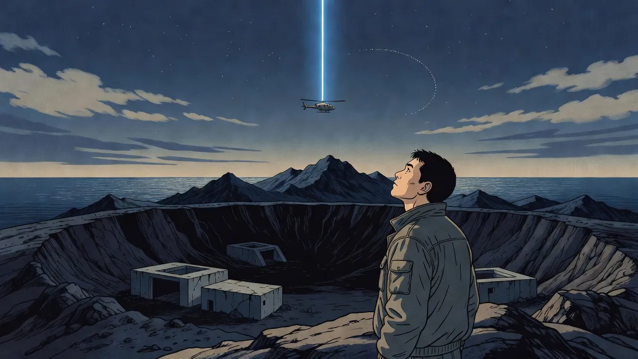 On a mountain crater rim at dusk, beside low concrete bunkers, a young fighter in a padded jacket looks up as a single straight beam of electric-blue light drops out of the sky onto a small helicopter above the peaks, a faint dotted arc high among the stars.